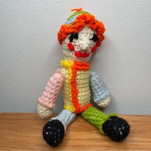 Handmade Crochet Clown One Of Kind Scary Creepy Colorful 12 Inches Long Vintage